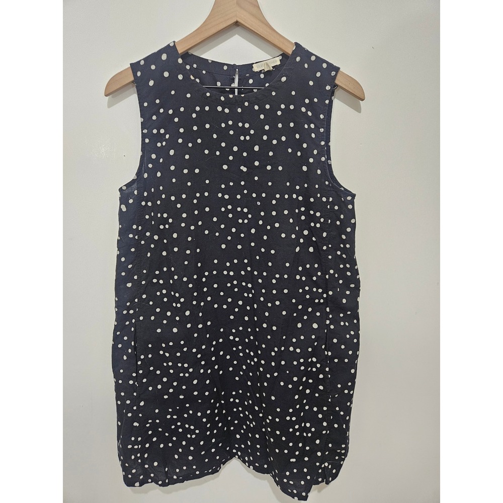 Eileen Fisher Navy Polka Dot Linen Blend Sleeveless Tunic Dress Pockets Medium